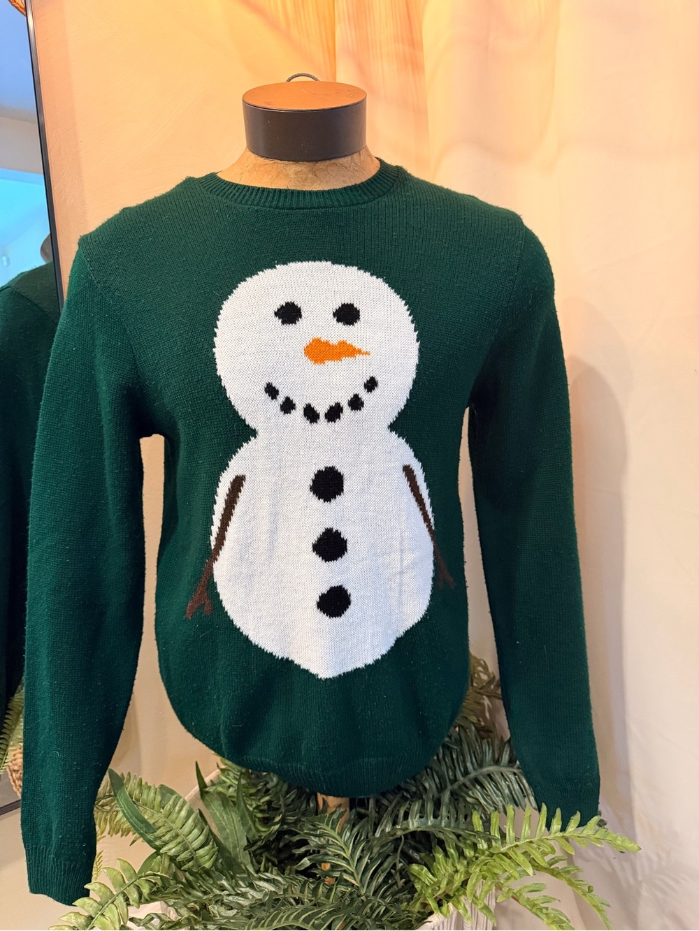 Topman Dark Green Crewneck Sweater with White Snowman Motif